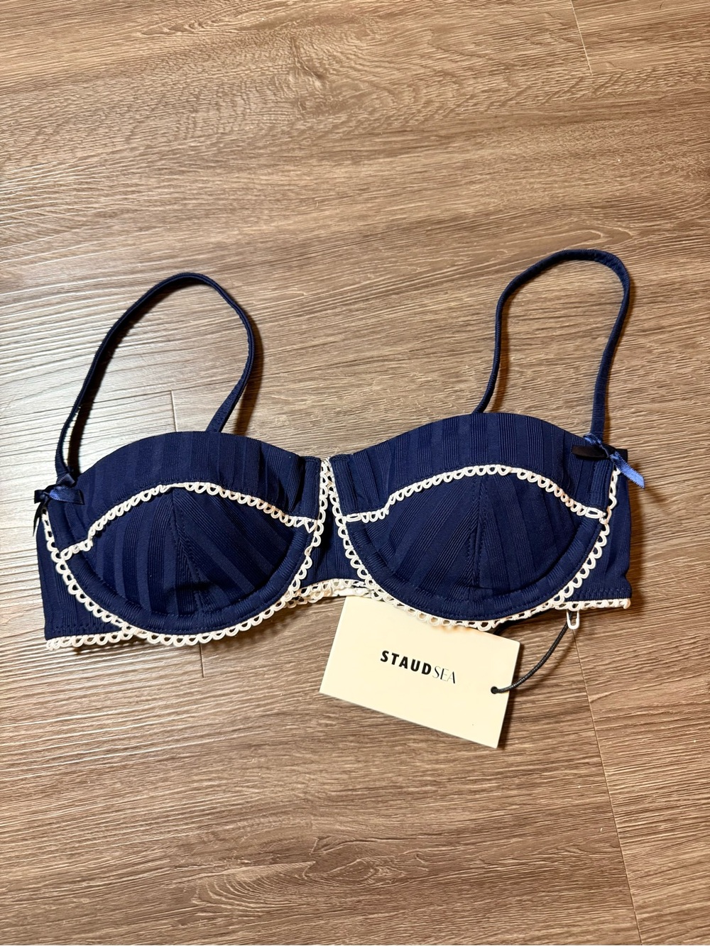 NWT Staud Sea Jo Balconette Bikini Top Navy & White Size XS
